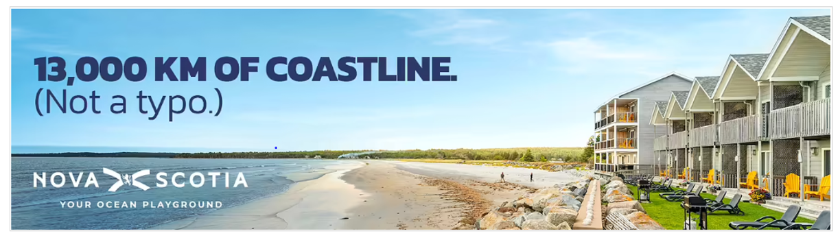 Image of hotel rooms overlooking a beach. Text reads 13,000km of coastline (not a typo).