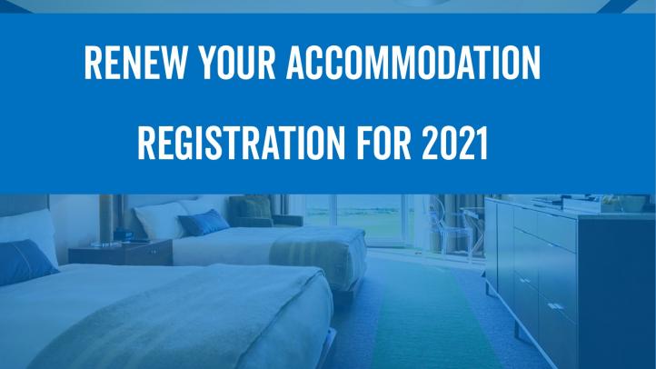 Two beds in a hotel room. Text reads: Renew your accommodation registration for 2021