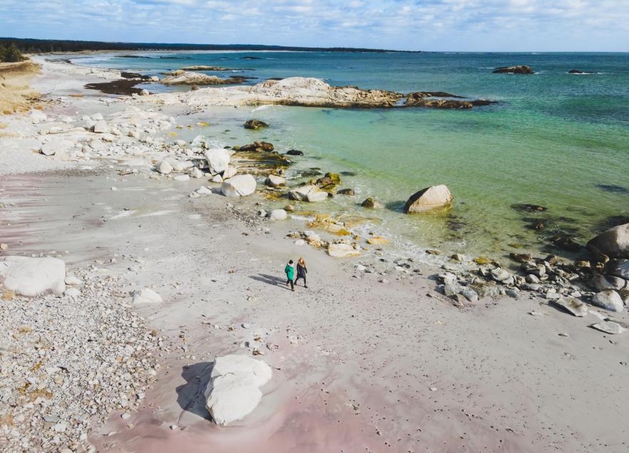 Two people walking along the beach 